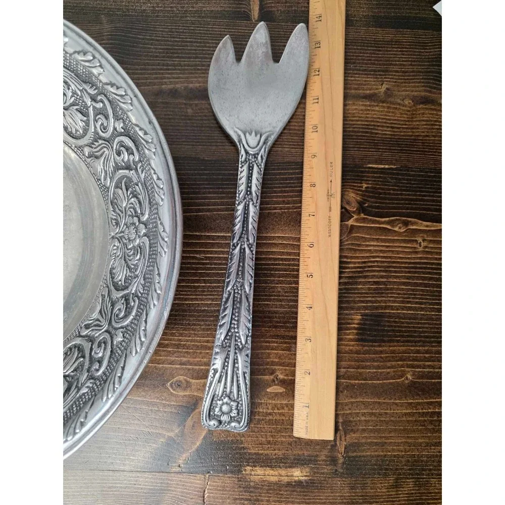 Wilton Armetale William & Mary Metal Salad Serving Bowl w/Fork‎ and Spoon Floral